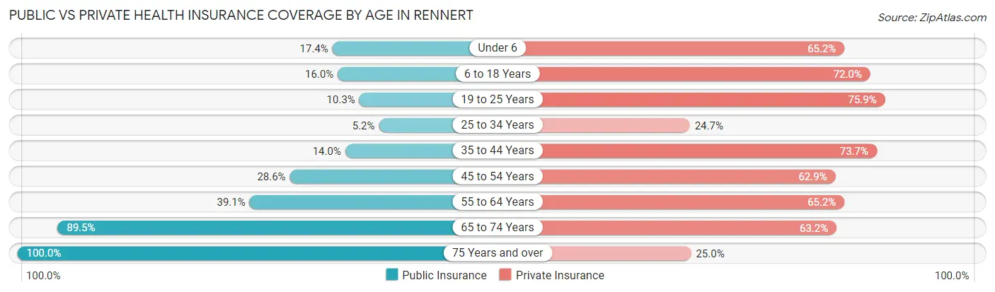 Public vs Private Health Insurance Coverage by Age in Rennert