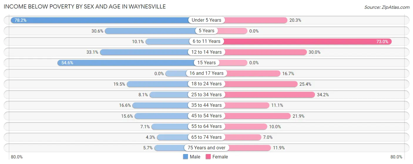 Income Below Poverty by Sex and Age in Waynesville