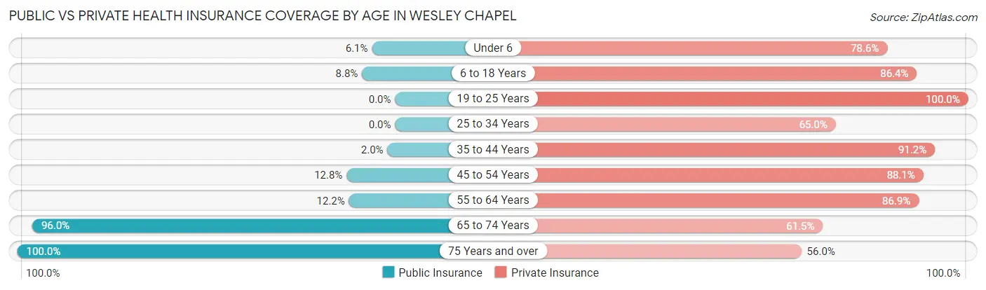 Public vs Private Health Insurance Coverage by Age in Wesley Chapel