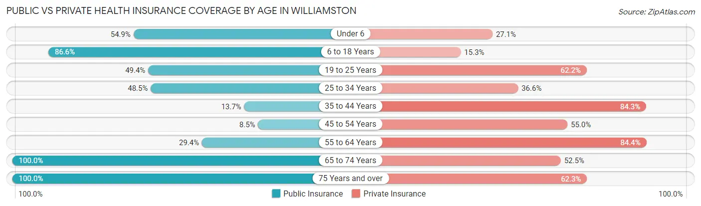 Public vs Private Health Insurance Coverage by Age in Williamston