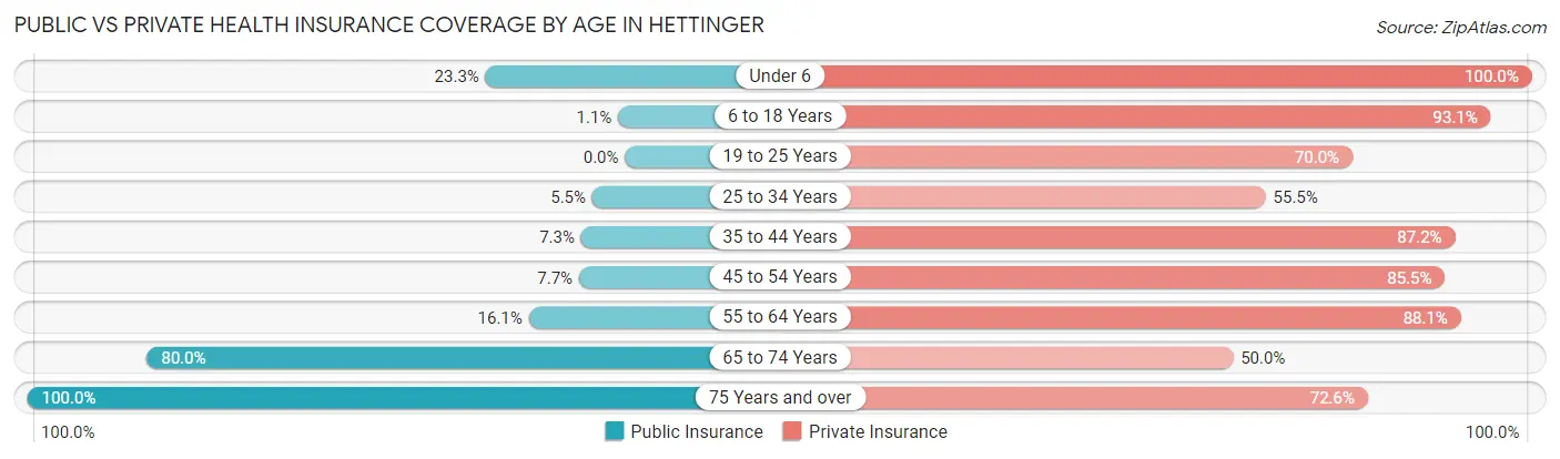 Public vs Private Health Insurance Coverage by Age in Hettinger