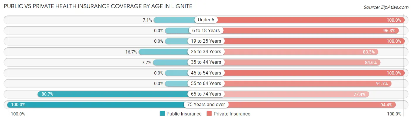 Public vs Private Health Insurance Coverage by Age in Lignite