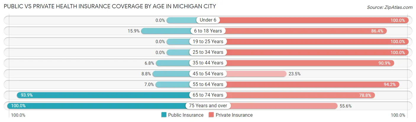 Public vs Private Health Insurance Coverage by Age in Michigan City