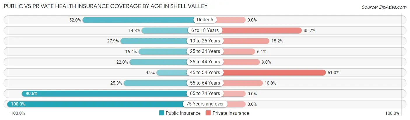 Public vs Private Health Insurance Coverage by Age in Shell Valley