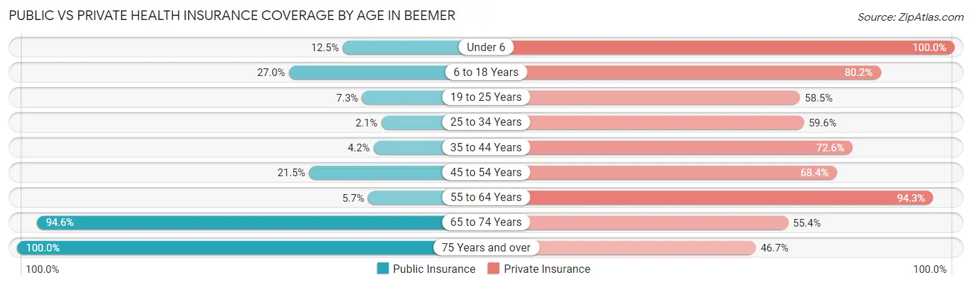 Public vs Private Health Insurance Coverage by Age in Beemer