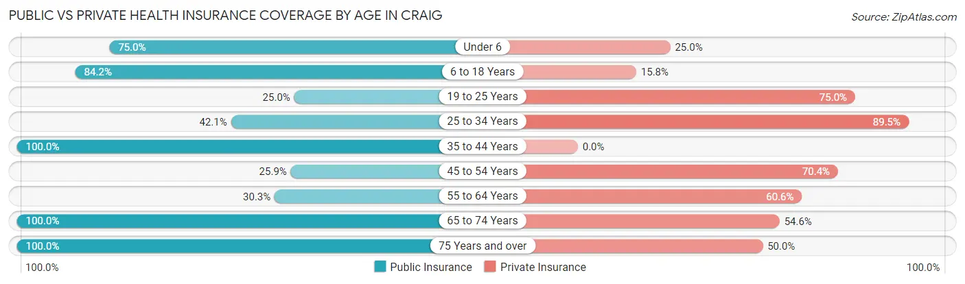 Public vs Private Health Insurance Coverage by Age in Craig