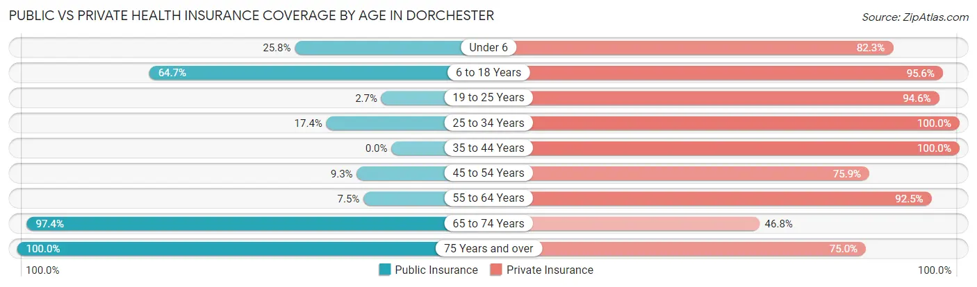 Public vs Private Health Insurance Coverage by Age in Dorchester