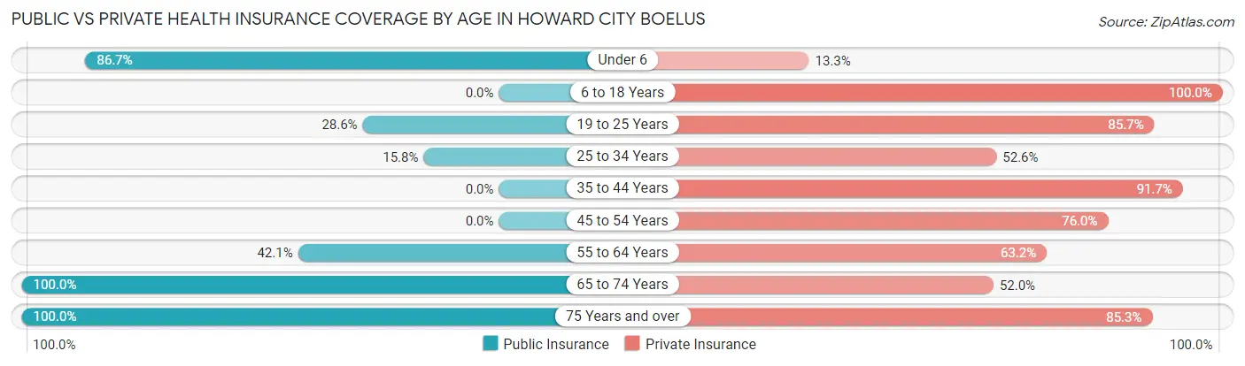 Public vs Private Health Insurance Coverage by Age in Howard City Boelus