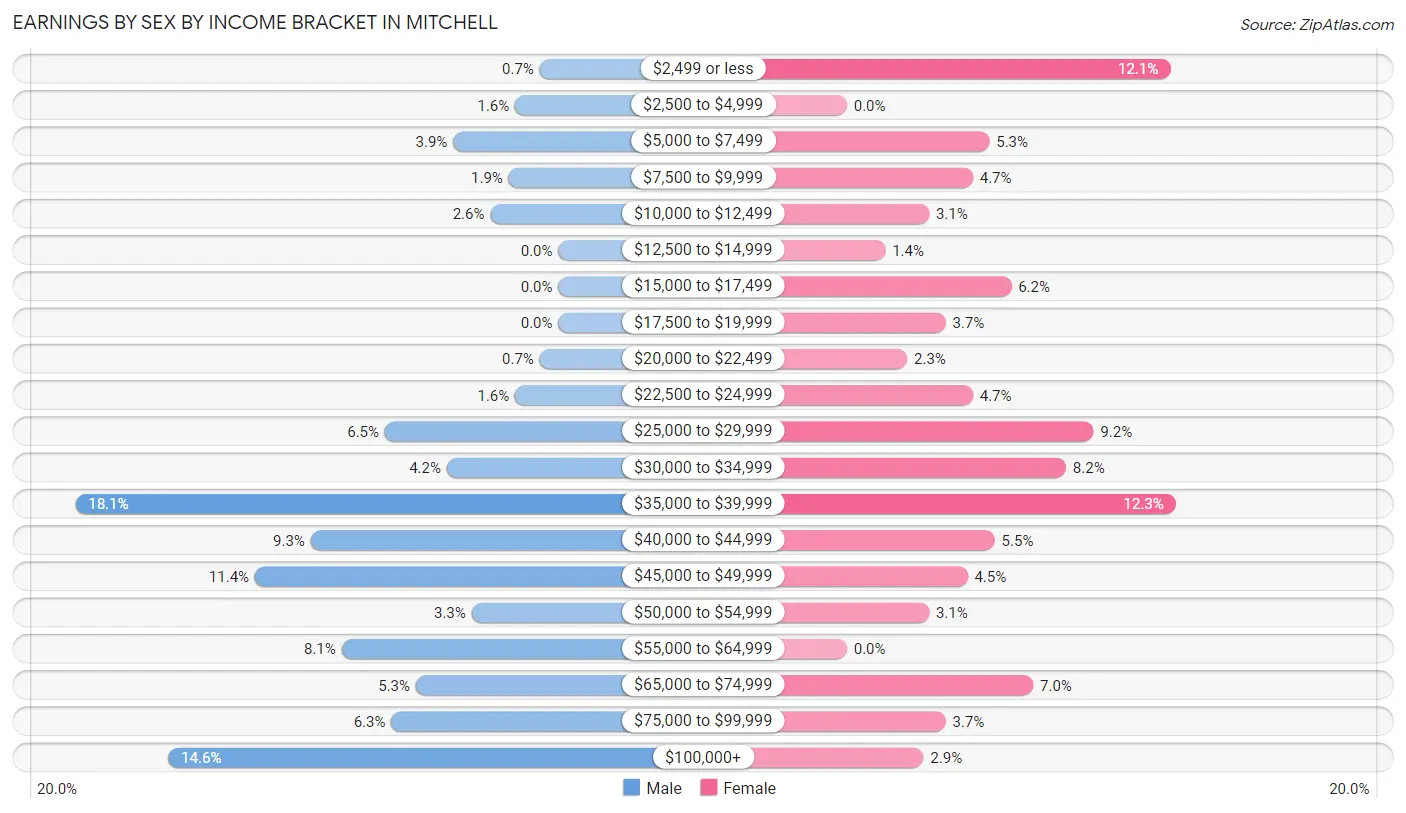 Earnings by Sex by Income Bracket in Mitchell