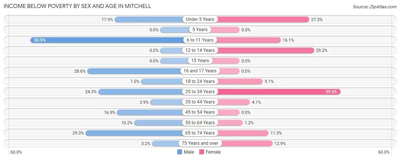 Income Below Poverty by Sex and Age in Mitchell