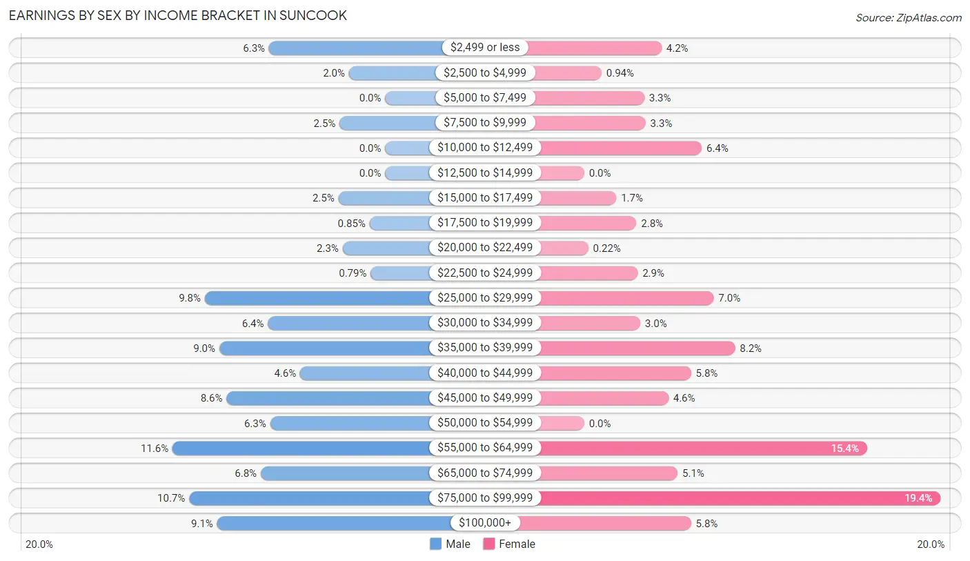 Earnings by Sex by Income Bracket in Suncook