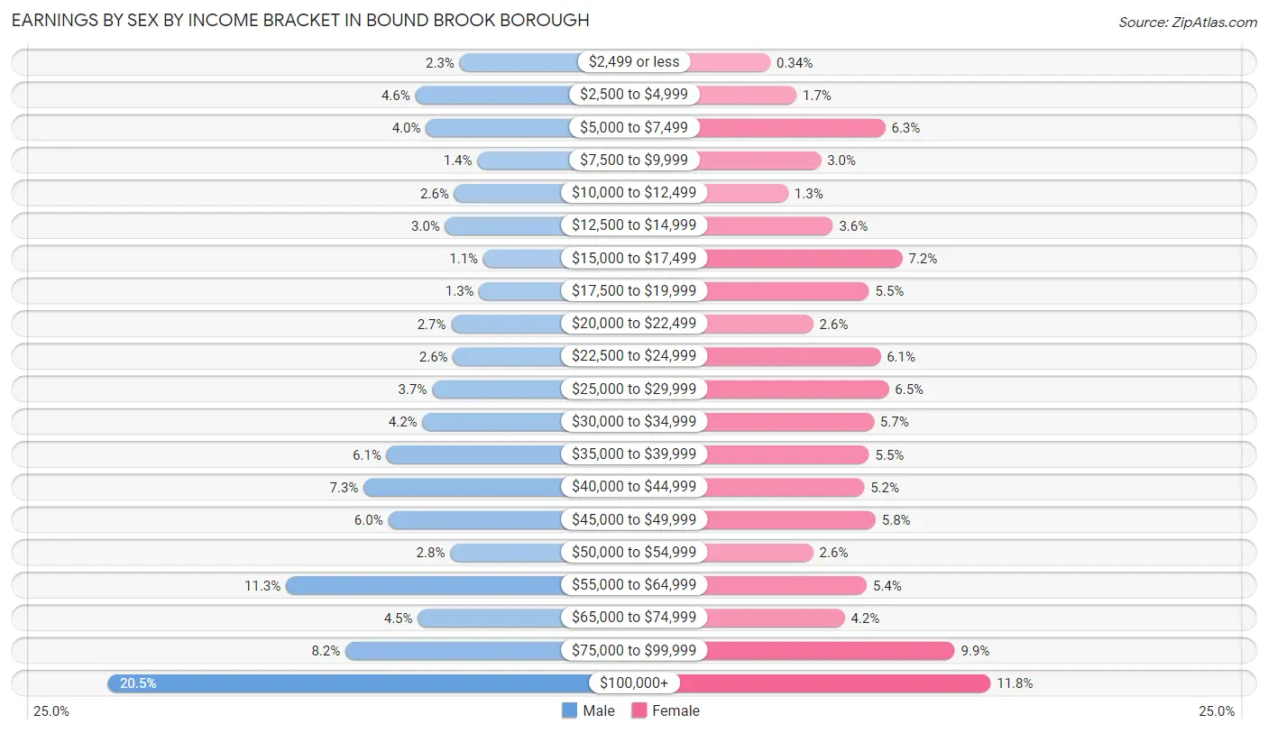 Earnings by Sex by Income Bracket in Bound Brook borough