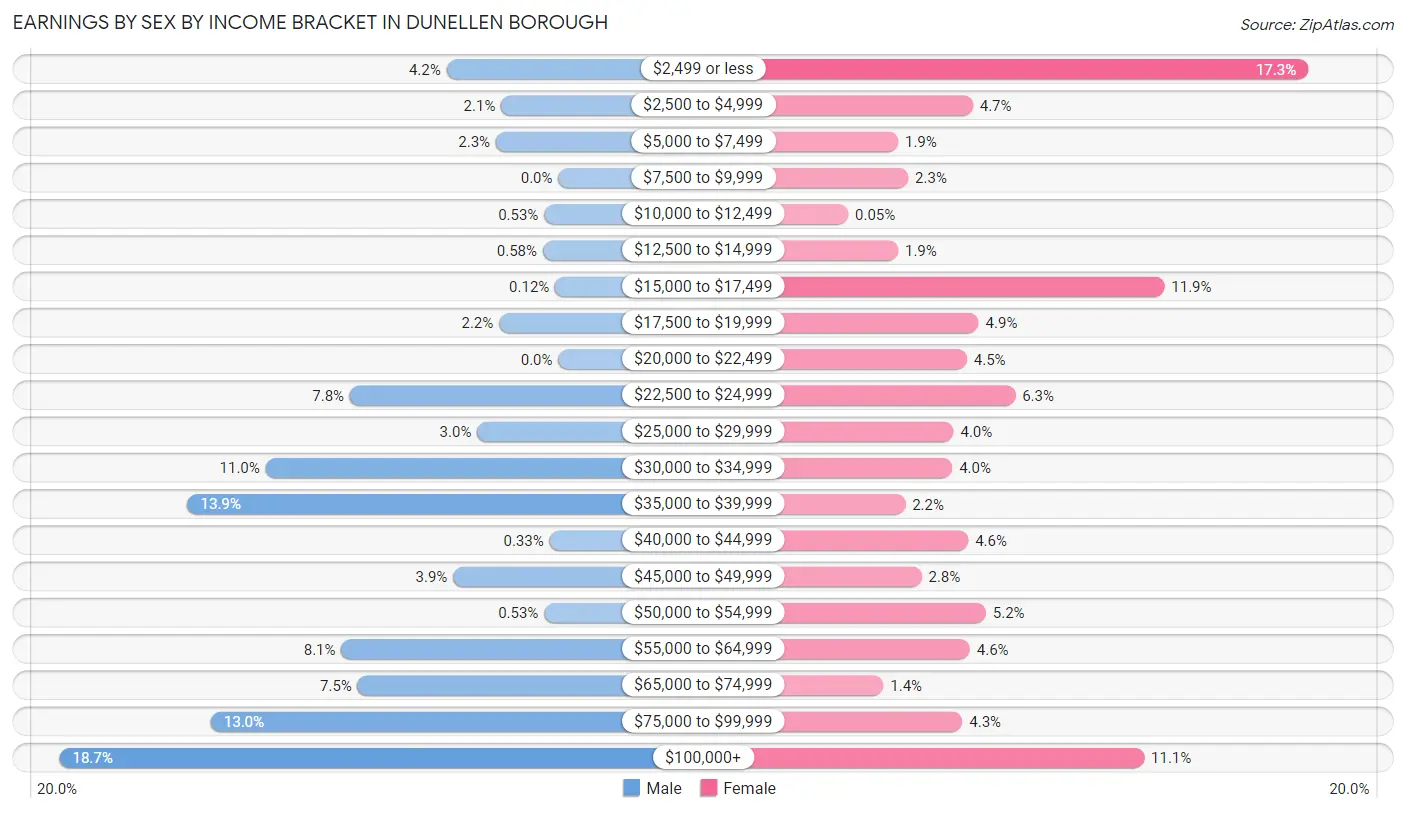 Earnings by Sex by Income Bracket in Dunellen borough