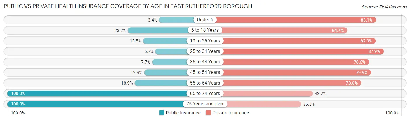 Public vs Private Health Insurance Coverage by Age in East Rutherford borough