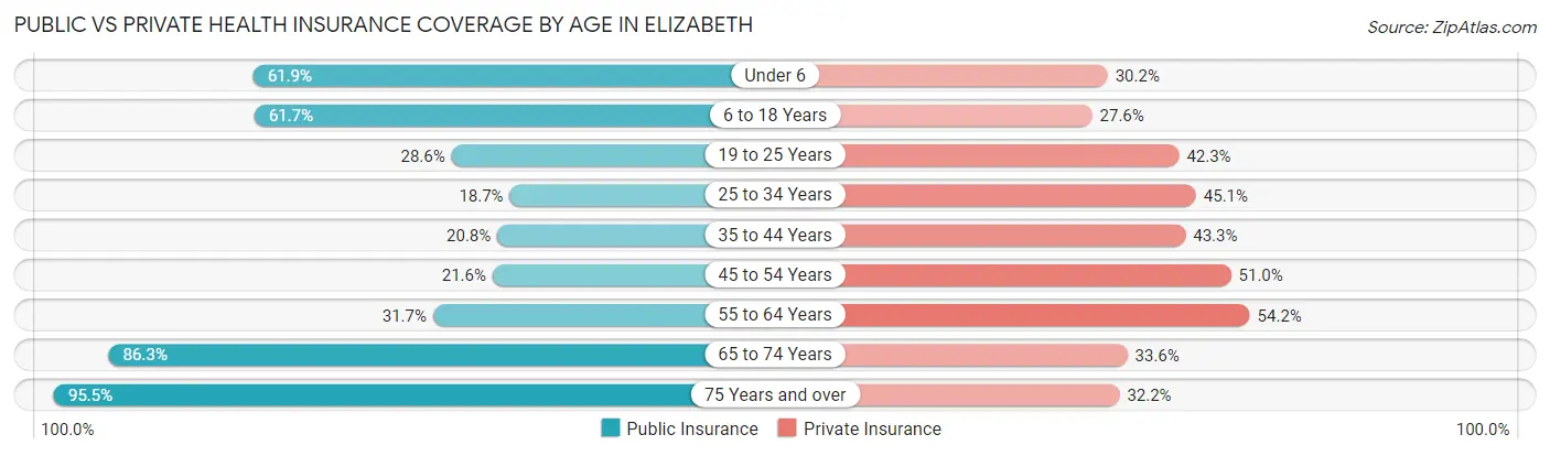Public vs Private Health Insurance Coverage by Age in Elizabeth