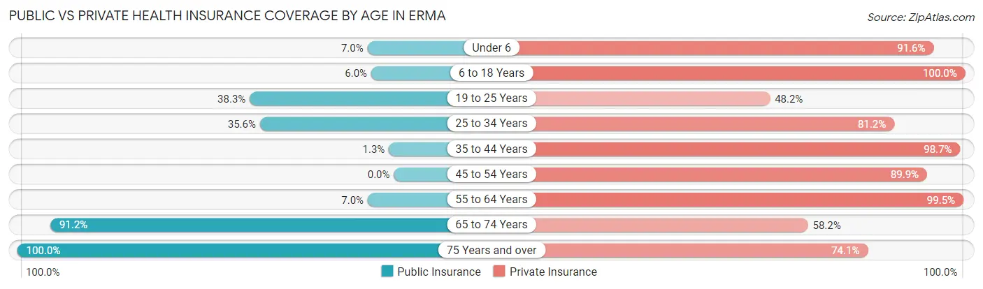 Public vs Private Health Insurance Coverage by Age in Erma