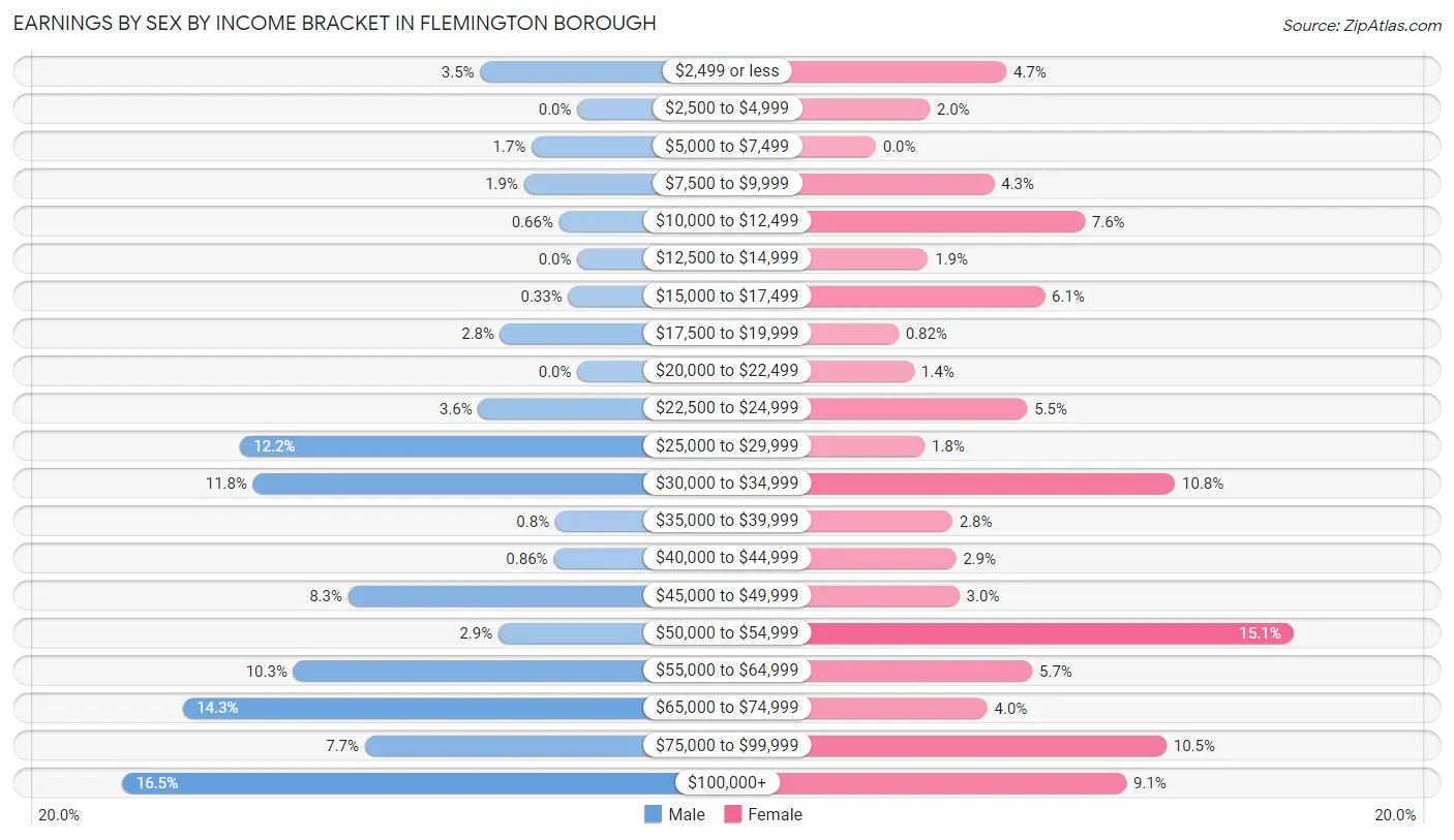 Earnings by Sex by Income Bracket in Flemington borough