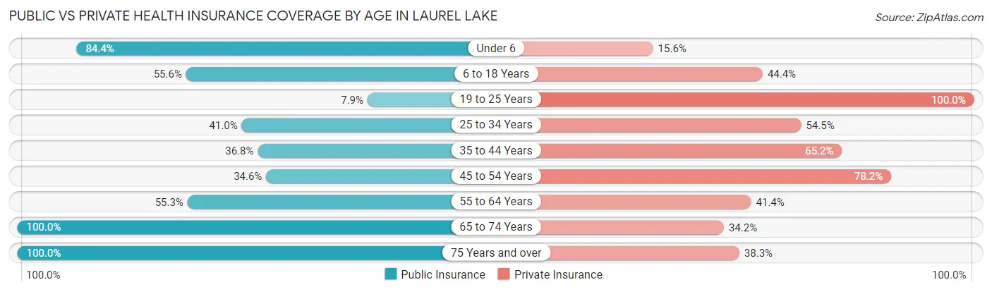 Public vs Private Health Insurance Coverage by Age in Laurel Lake
