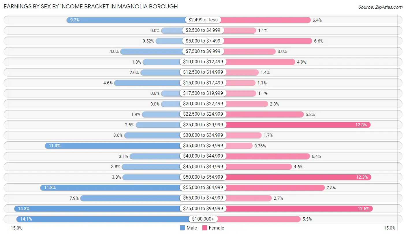 Earnings by Sex by Income Bracket in Magnolia borough