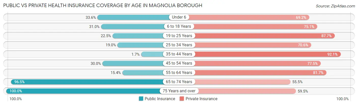 Public vs Private Health Insurance Coverage by Age in Magnolia borough