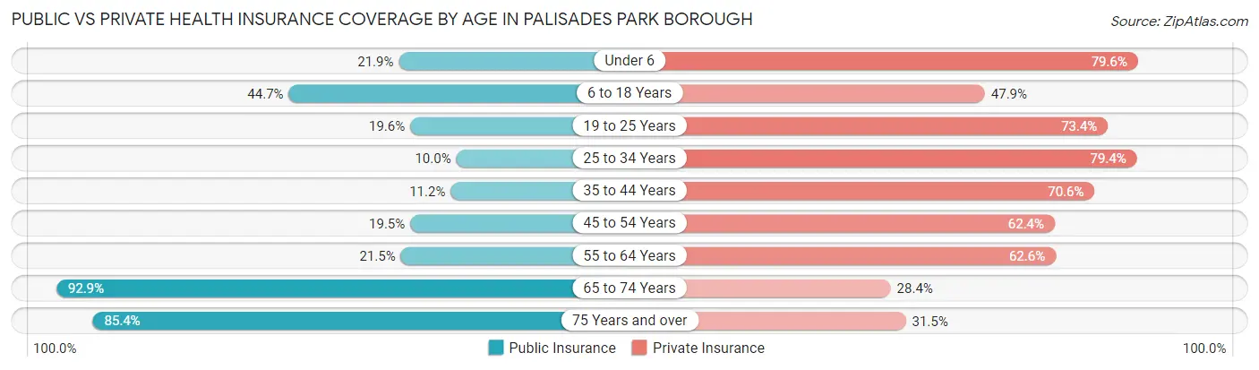 Public vs Private Health Insurance Coverage by Age in Palisades Park borough
