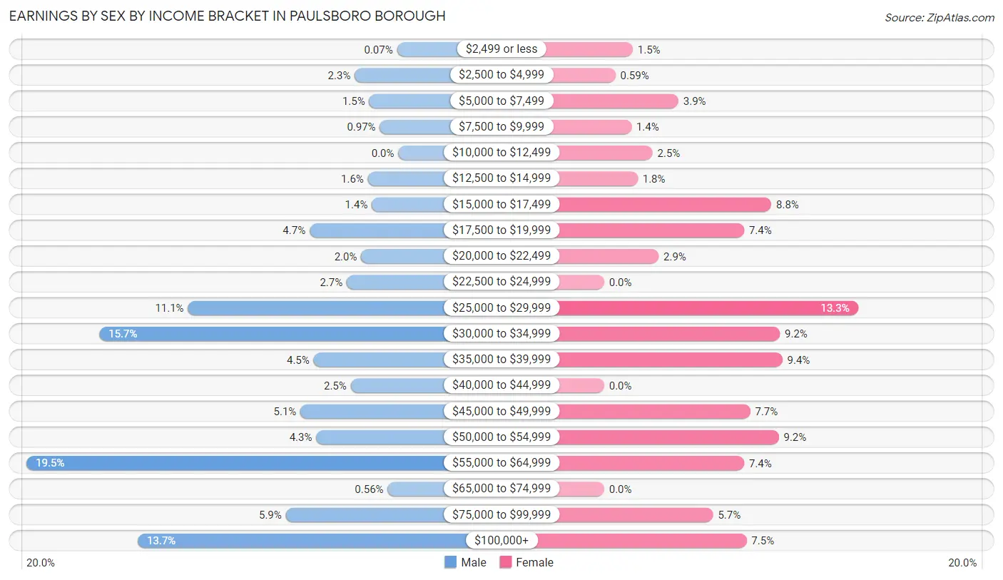 Earnings by Sex by Income Bracket in Paulsboro borough