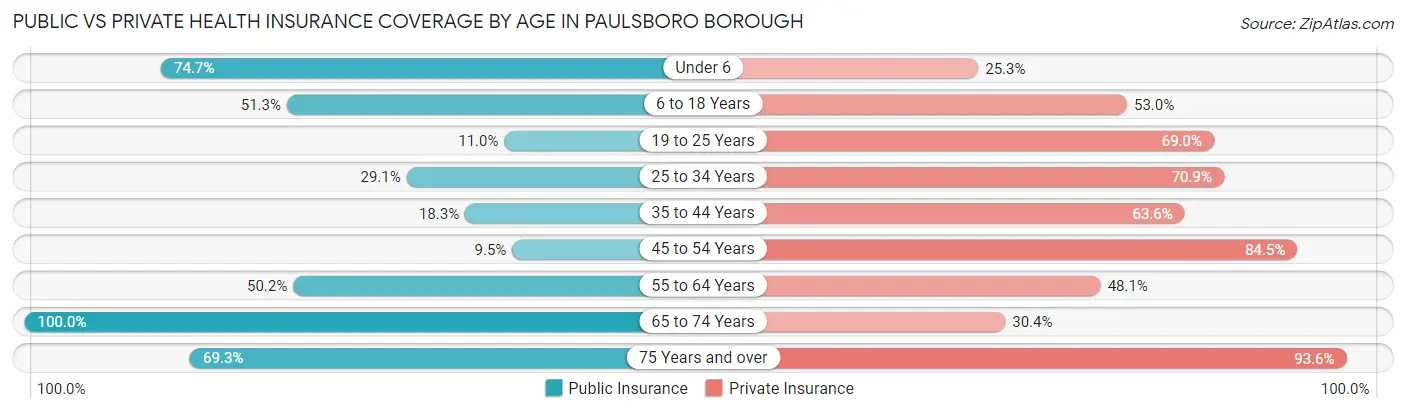 Public vs Private Health Insurance Coverage by Age in Paulsboro borough