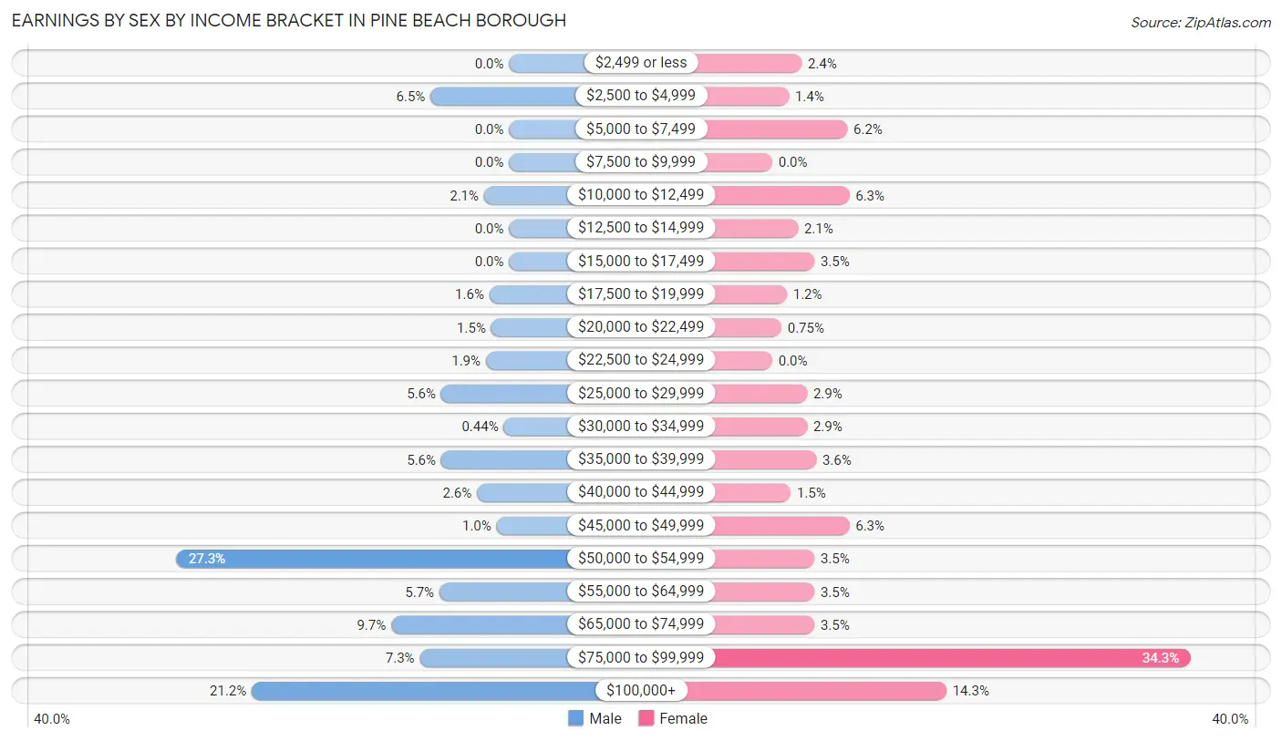 Earnings by Sex by Income Bracket in Pine Beach borough