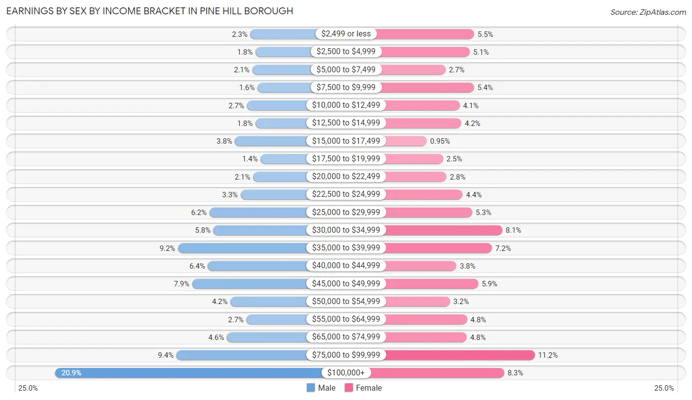 Earnings by Sex by Income Bracket in Pine Hill borough