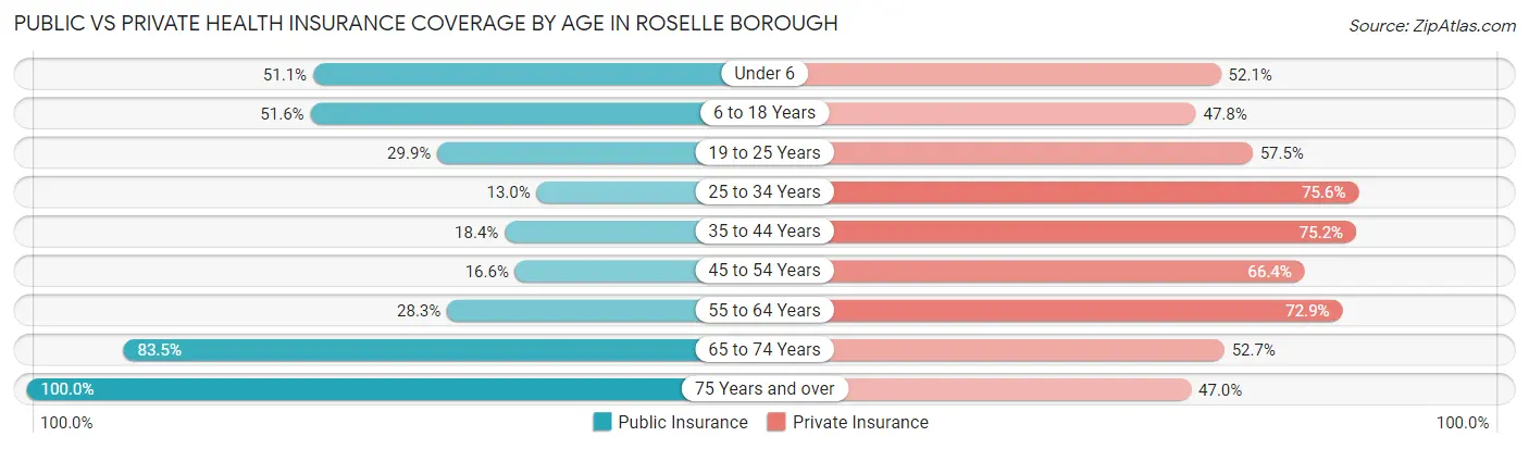 Public vs Private Health Insurance Coverage by Age in Roselle borough