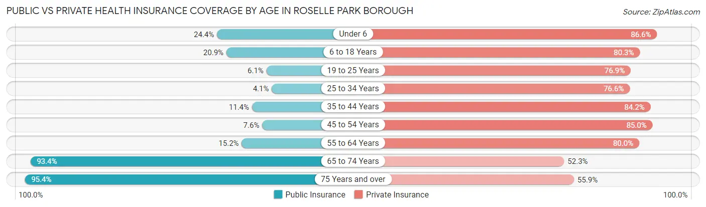 Public vs Private Health Insurance Coverage by Age in Roselle Park borough