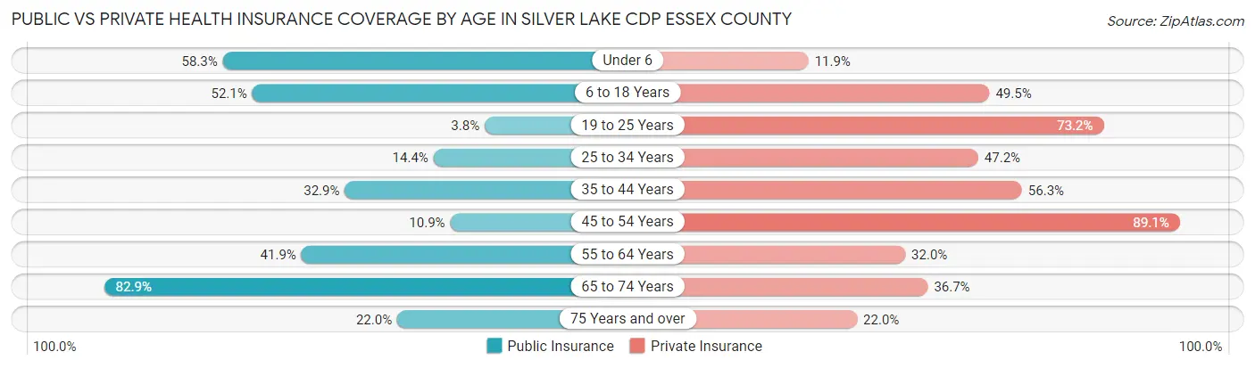 Public vs Private Health Insurance Coverage by Age in Silver Lake CDP Essex County