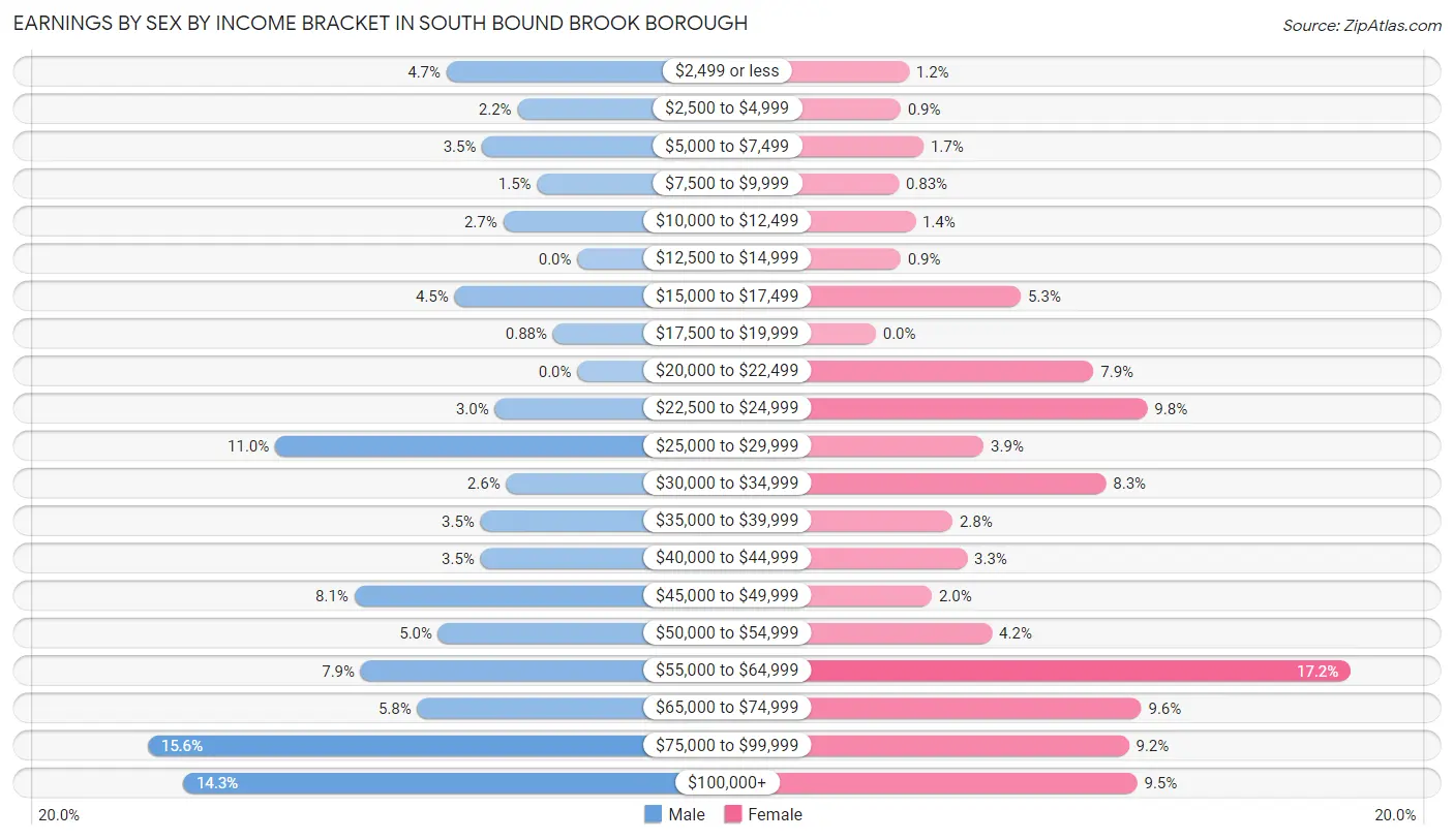Earnings by Sex by Income Bracket in South Bound Brook borough