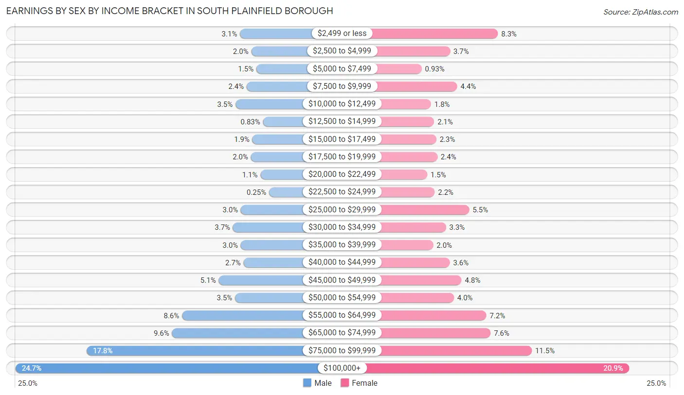 Earnings by Sex by Income Bracket in South Plainfield borough