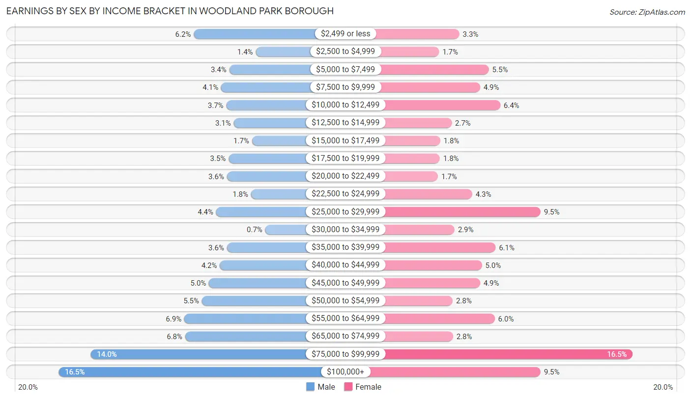 Earnings by Sex by Income Bracket in Woodland Park borough