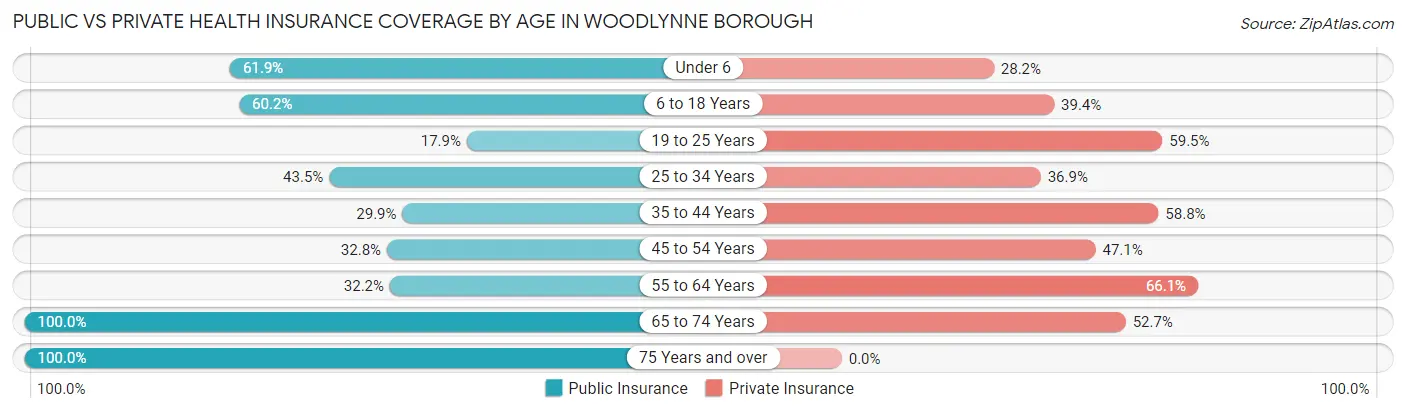 Public vs Private Health Insurance Coverage by Age in Woodlynne borough