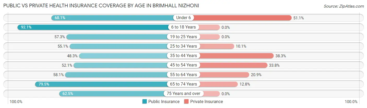 Public vs Private Health Insurance Coverage by Age in Brimhall Nizhoni