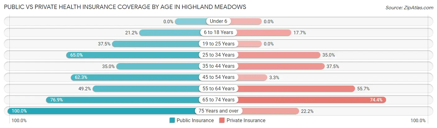 Public vs Private Health Insurance Coverage by Age in Highland Meadows