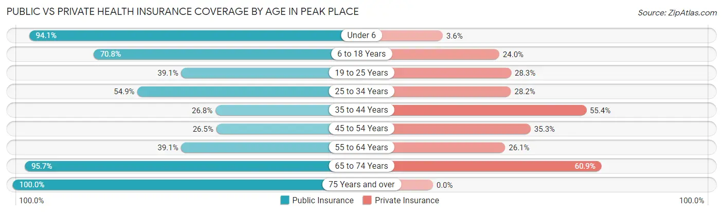 Public vs Private Health Insurance Coverage by Age in Peak Place