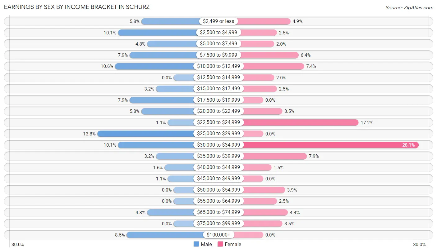 Earnings by Sex by Income Bracket in Schurz