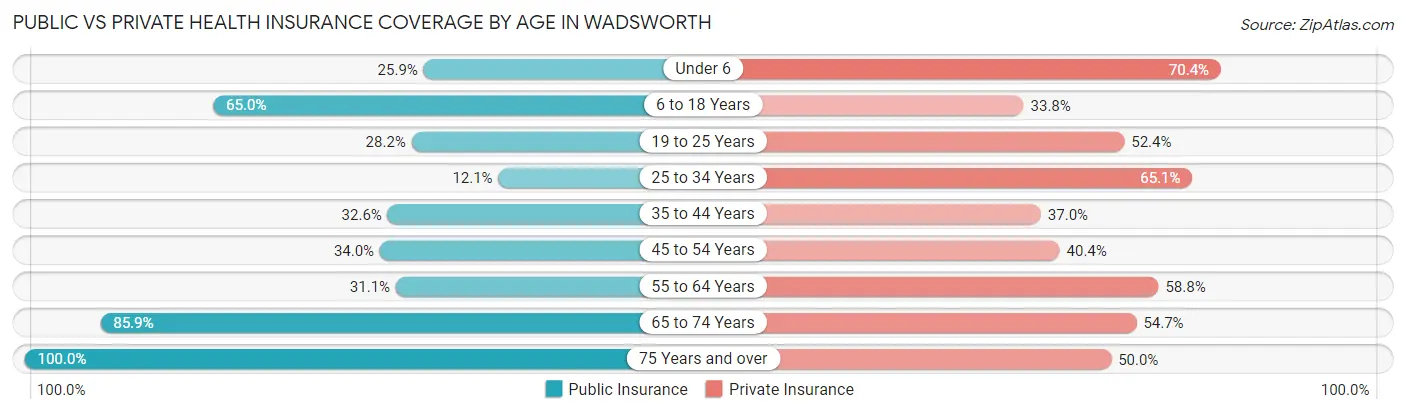 Public vs Private Health Insurance Coverage by Age in Wadsworth