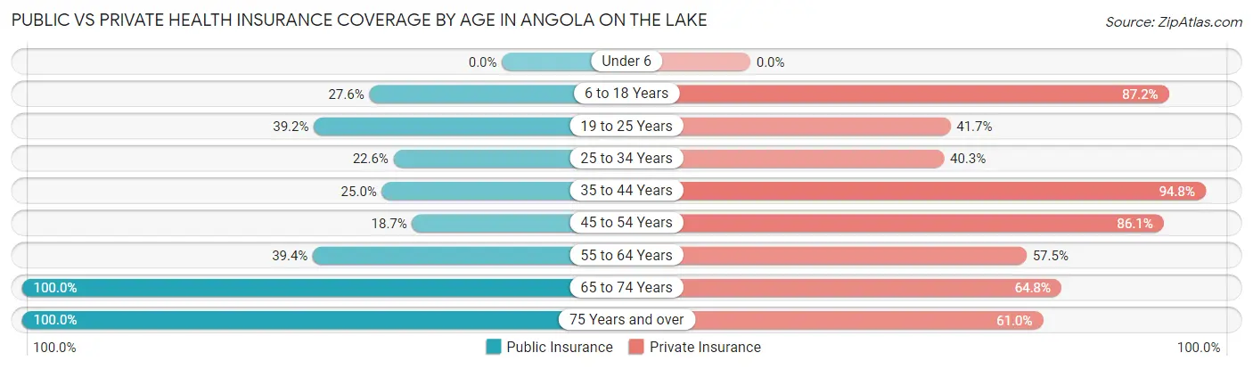 Public vs Private Health Insurance Coverage by Age in Angola on the Lake