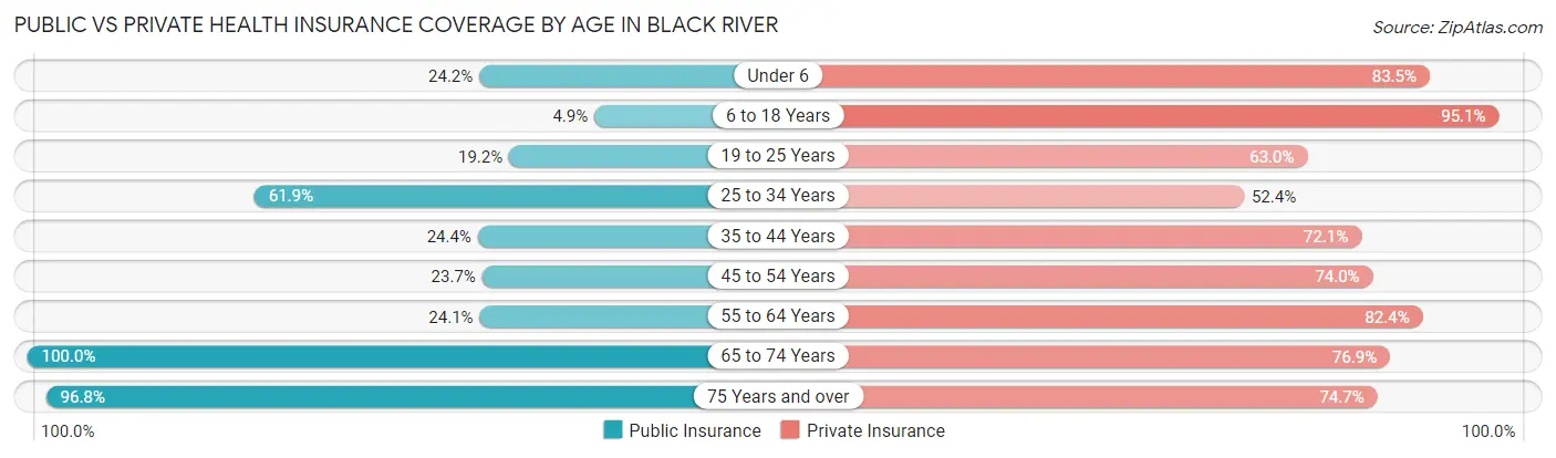 Public vs Private Health Insurance Coverage by Age in Black River