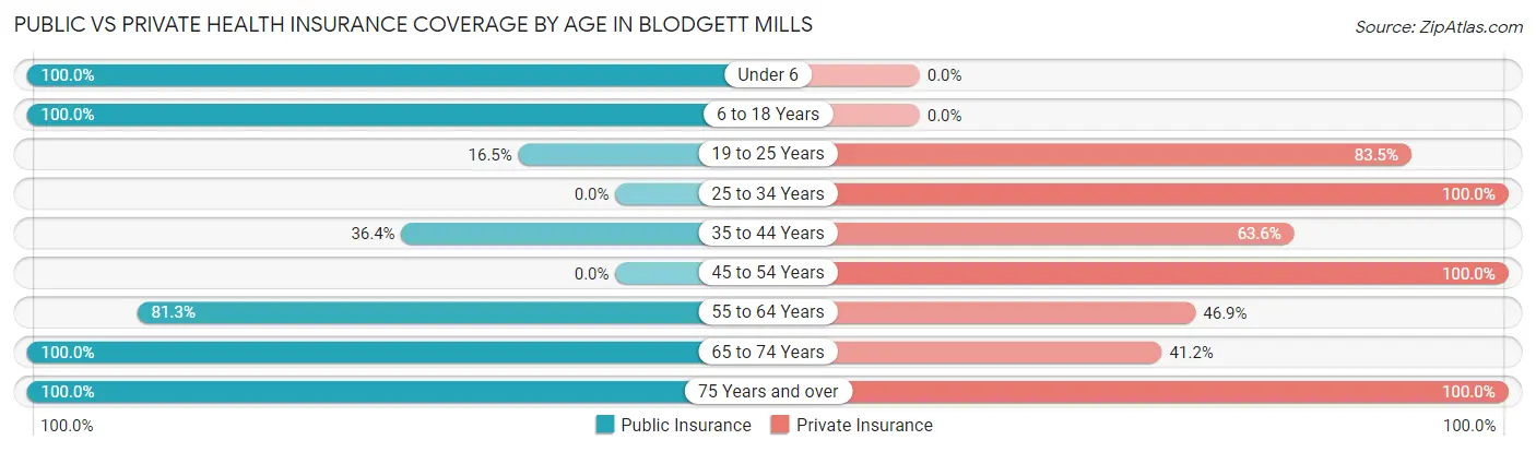 Public vs Private Health Insurance Coverage by Age in Blodgett Mills