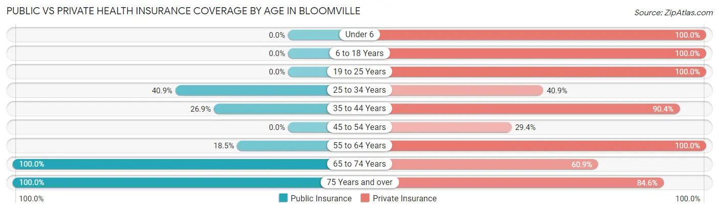 Public vs Private Health Insurance Coverage by Age in Bloomville