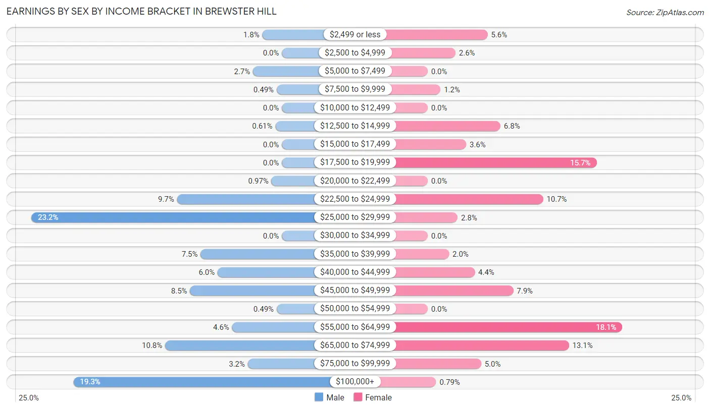 Earnings by Sex by Income Bracket in Brewster Hill