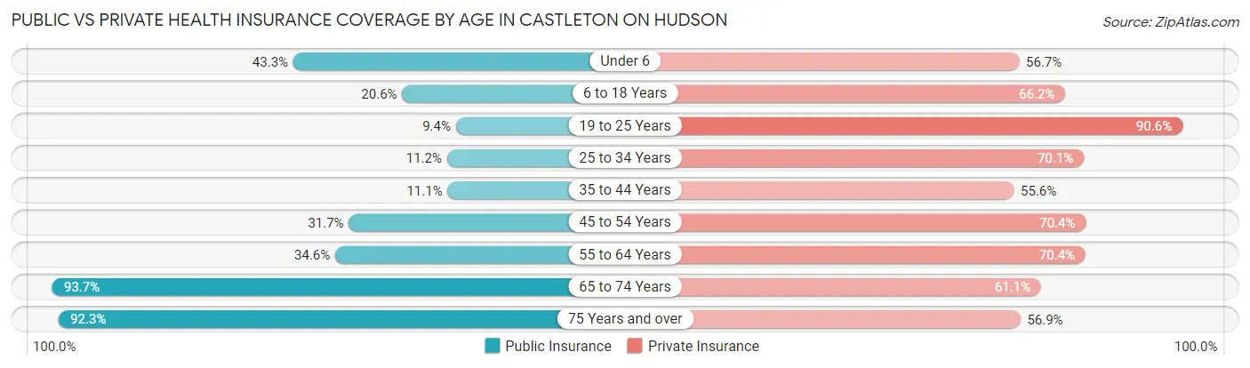 Public vs Private Health Insurance Coverage by Age in Castleton On Hudson