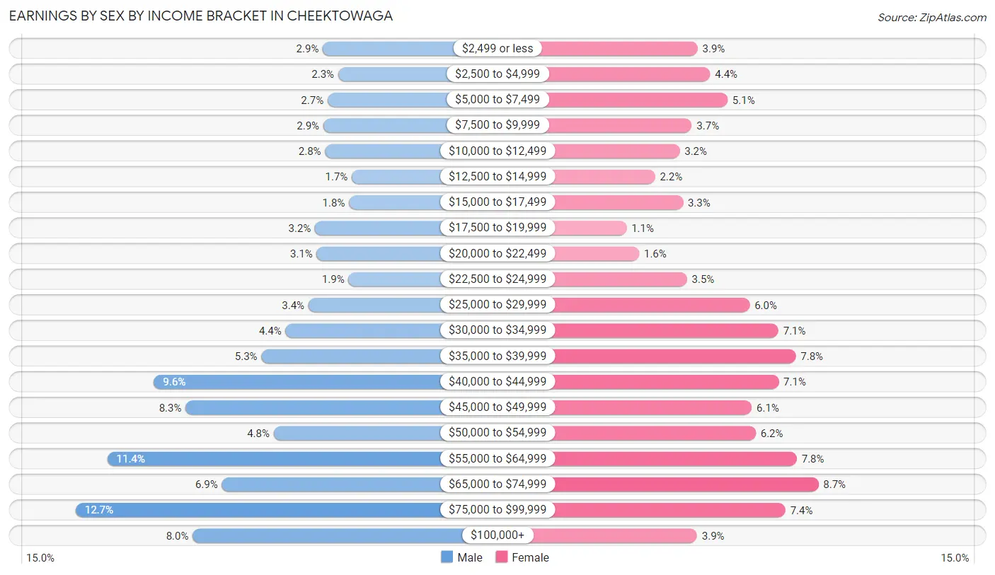 Earnings by Sex by Income Bracket in Cheektowaga