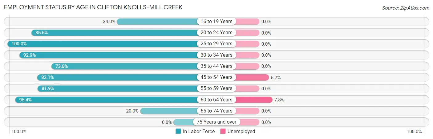 Employment Status by Age in Clifton Knolls-Mill Creek