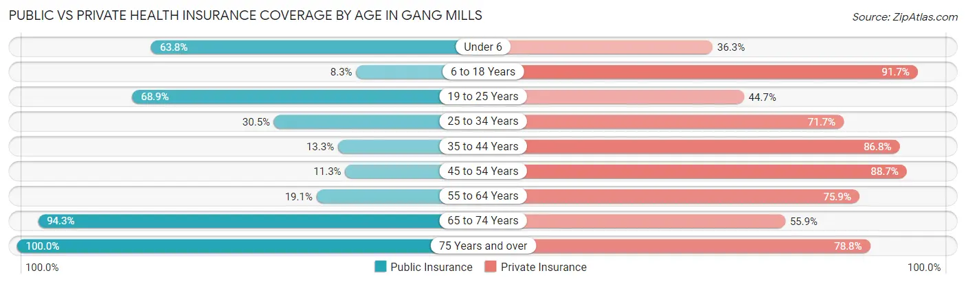 Public vs Private Health Insurance Coverage by Age in Gang Mills